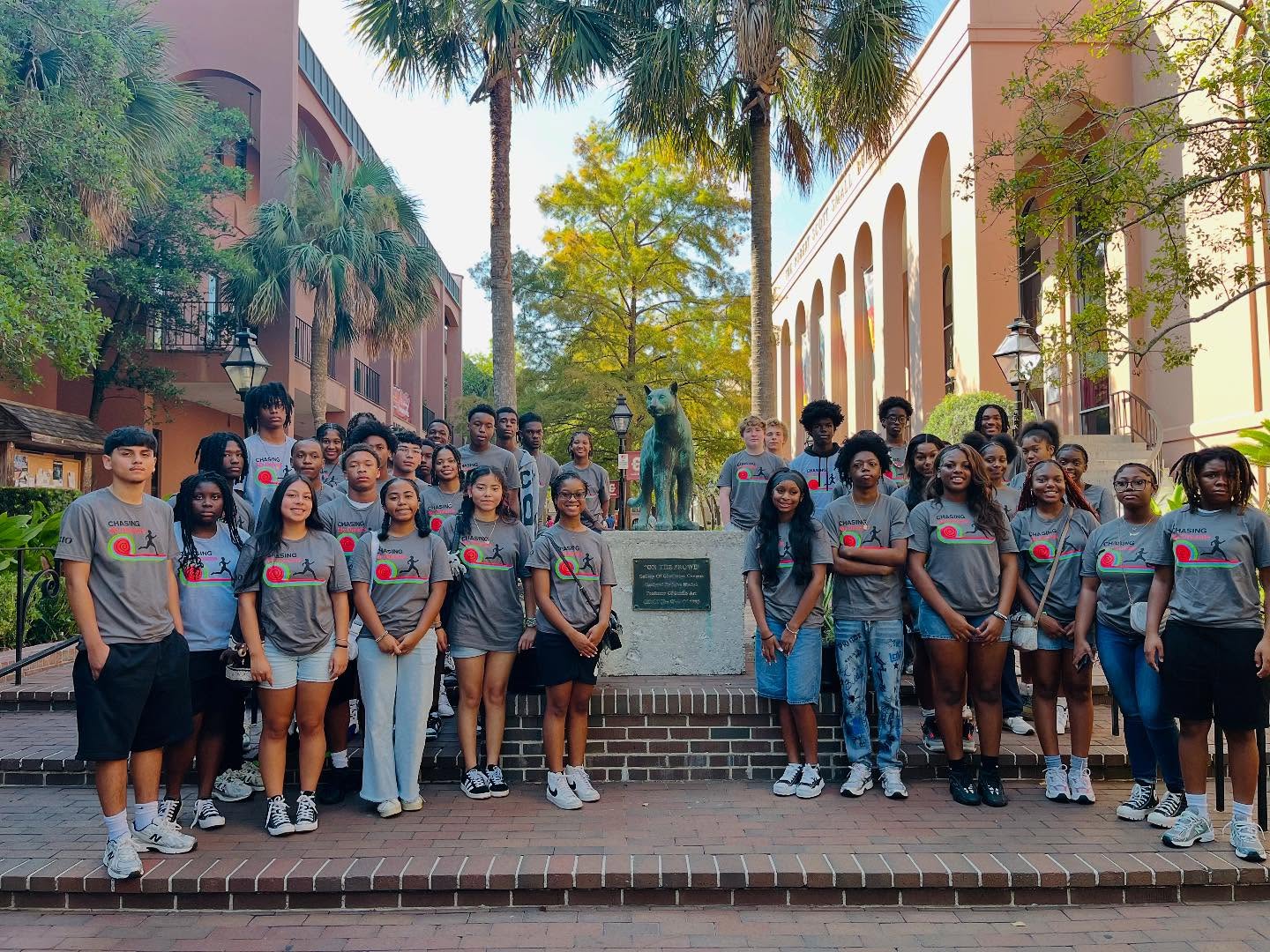 A group of high school students pose for a group photo during a TRIO college visit